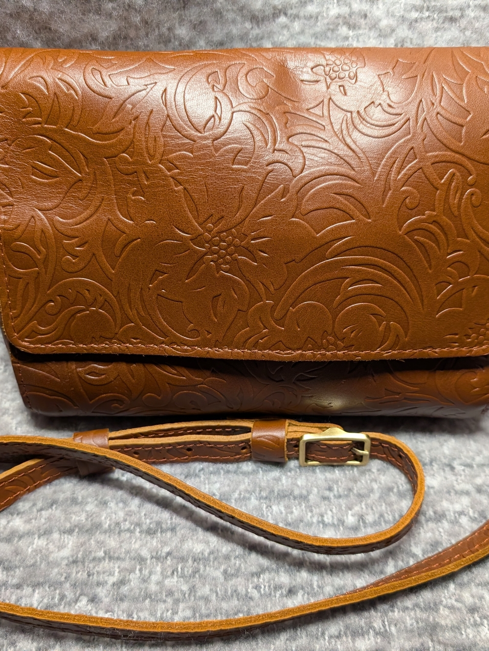 Embossed Floral Crossbody Bag in Cognac Brown